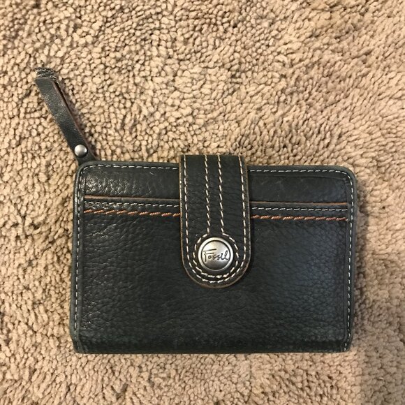 Fossil black leather wallet snap and zip card pockets - Picture 1 of 4